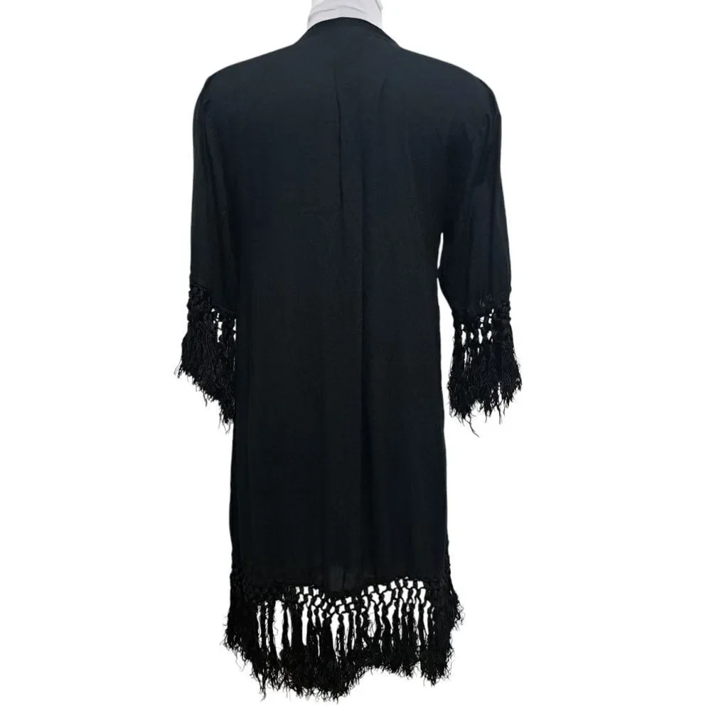 Tigerlily Embroidered Button Down Fringe Cardigan Cruise Dress Small Black